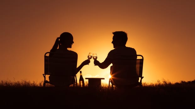 Happy moments. Young couple enjoying a glass of wine in the park. (Happiness and love concept)